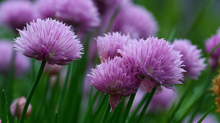 Obraz premium Purple chive flowers blossoming amidst vibrant green stalks in a lush garden setting, showcasing natural beauty and tranquility, ideal for themes of nature, gardening, and vibrant flora.