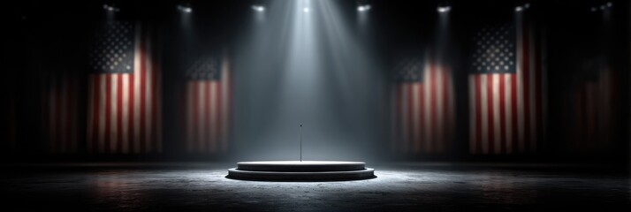 Stage set for a political speech with American flags in a dimly lit hall before an important event