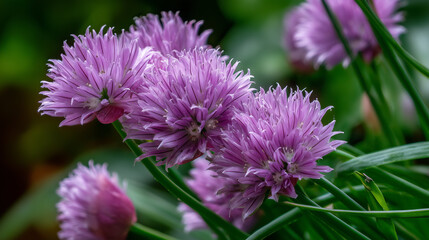 Obraz premium Purple chive flowers blossoming amidst vibrant green stalks in a lush garden setting, showcasing natural beauty and tranquility, ideal for themes of nature, gardening, and vibrant flora.