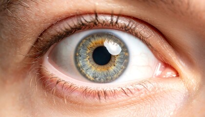 Close-up of a wide, surprised human eye with greenish-brown iris