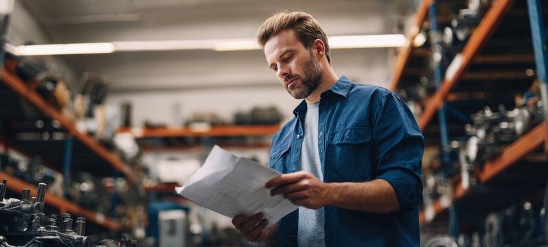 The man reviewing documents in an industrial warehouse setting.