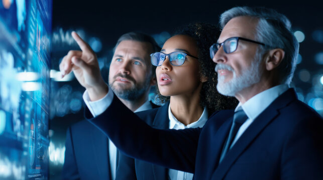 A group of professionals engaged in a discussion, analyzing data displayed on a digital screen in a modern, tech-savvy environment.