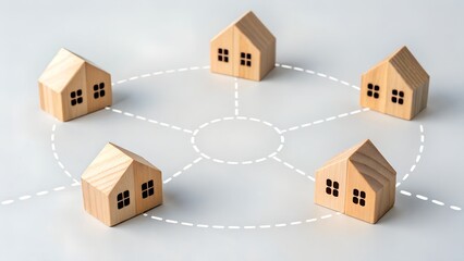Fototapeta premium Connected Housing Network – Wooden House Models in Circular Pattern Linked by Dashed Lines, Community, Real Estate, Infrastructure Concept