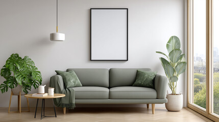 A contemporary living room with natural light, featuring a green sofa, decorative plants, and a blank frame on the wall for custom artwork