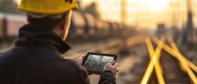 The worker examining data on a tablet at a railway construction site during sunset.