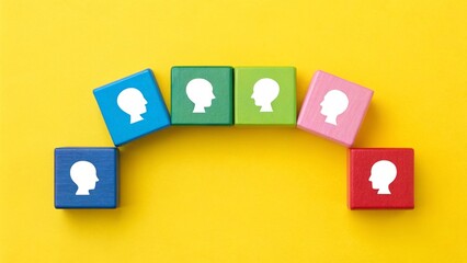 Fototapeta premium Diverse Identities – Colorful Blocks with Human Head Silhouettes in Arc on Yellow Background, Inclusion, Profile Concept