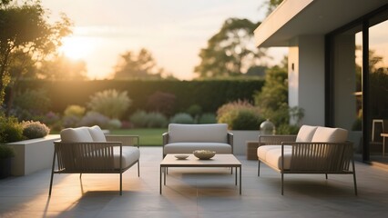 Modern outdoor patio with comfortable seating and a serene garden backdrop during sunset