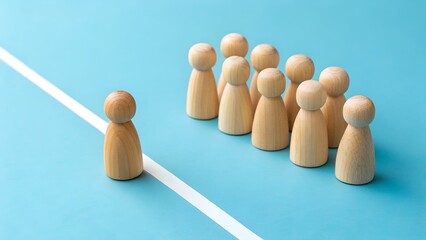 Obraz premium Individual vs Group – Lone Wooden Figure Opposite Cluster Across White Line, Leadership, Exclusion, Social Contrast Concept
