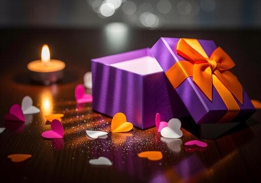 A purple gift box with an orange bow and delicate paper hearts, scattered on a dark wooden table with iridescent glitter, bokeh effect, illuminated by a single candle, creating a warm, intimate atmosp