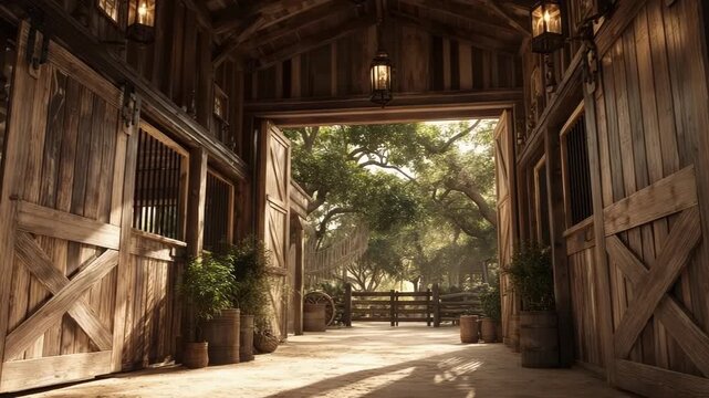 Rustic Charm: A Cinematic View of a Picturesque Barn Interior Leading to Natural Scenery