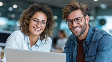 Young professionals collaborating on a laptop while smiling in a modern office environment