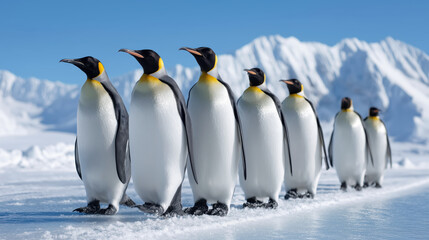 Obraz premium A Group of Emperor Penguins Walking in a Line on Icy Terrain with Snow-Capped Mountains