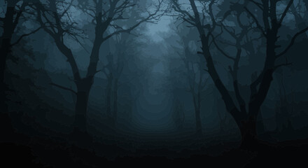 Obraz premium Mysterious Enchanted Forest at Dusk: A Dark and Foggy Woodland Scenery