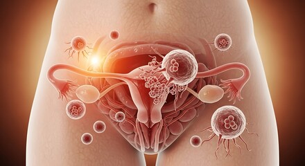 Female reproductive system with virus or cancer cells attacking, Illustrated medical visualization of female pelvic anatomy with disease infection, Disease affecting women's reproductive organs