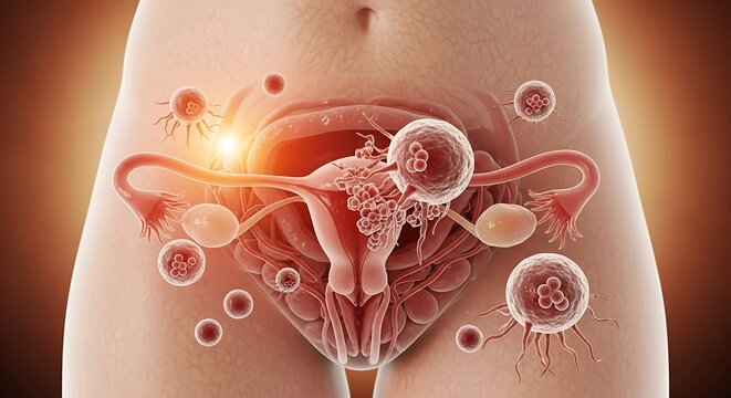 Female reproductive system with virus or cancer cells attacking, Illustrated medical visualization of female pelvic anatomy with disease infection, Disease affecting women's reproductive organs