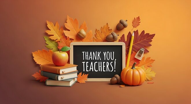 Thank you teachers chalkboard with books apple pumpkin acorns leaves and pencil on orange background