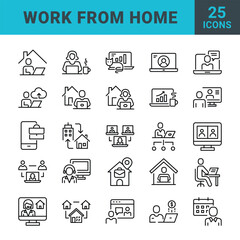Modern vector icons representing remote work concepts such as home office setups, virtual meetings, and digital collaboration. Clean, minimalist designs ideal for apps, websites, and presentations.