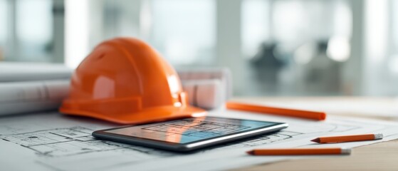 The construction helmet and tablet on architectural blueprints in modern workspace.