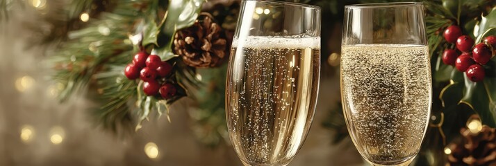 Celebratory drinks are served during a festive gathering at a cozy winter setting adorned with holiday decorations