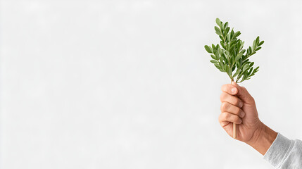 A hand holds up a green leafy sprig against a bright background, signifying freshness and vitality. The image conveys a sense of nature and simplicity