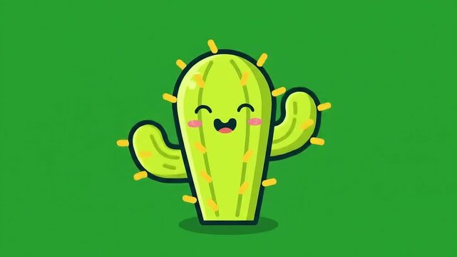 Cheerful cartoon cactus on a bright green background with a cute smiling face, small arms, and yellow spikes
