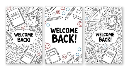 Three welcome back to school themed coloring pages with school supplies and doodle elements around them