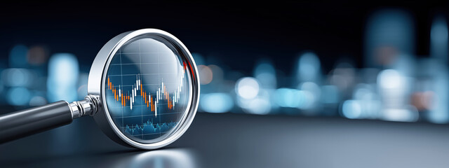 Magnifying Glass Focused on Financial Graph with Blurred City Background in Blue Tone