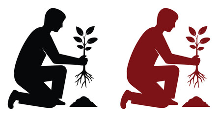 Tree Planting Silhouette, Man Planting Tree Icon, Growth Symbol Vector, Environmental Awareness Illustration, Nature Conservation Concept, Eco-Friendly Action, Isolated Black Figure