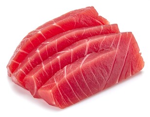 Four slices of raw, red fish are neatly arranged against a white background