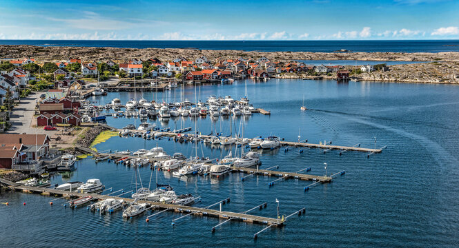 view from above on the marina where mooring on the floating jetty in Smoegen in Sweden