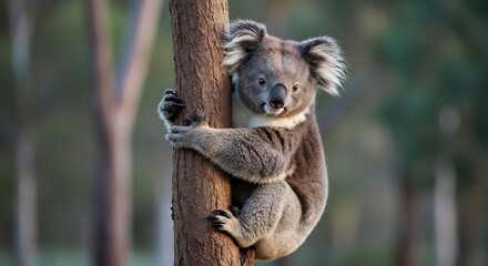 Naklejka premium S�sser Koala klammert sich an Baumstamm warmes Licht. AI Generated