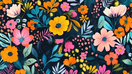 Vibrant floral pattern with pink, orange, and yellow flowers on a dark background.