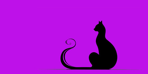 Silhouette of a black cat sitting against a vibrant purple background. The cat has a curled tail and a sleek profile, emphasizing its graceful form.