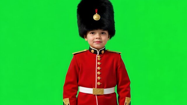 Adorable young boy dressed as a royal guard marches with pride, perfect for children's content, educational videos, and patriotic themes.