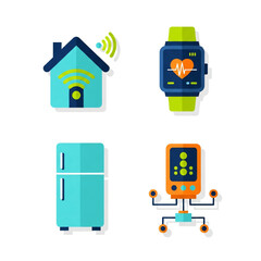A vibrant collection of flat design icons representing smart home technology, wearable devices, and the Internet of Things (IoT).