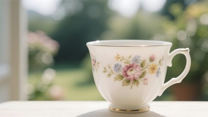 Elegant floral-patterned teacup placed on a table with a blurred garden background