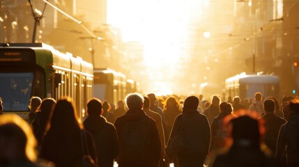 The bustling city street illuminated by warm sunset light and urban life.