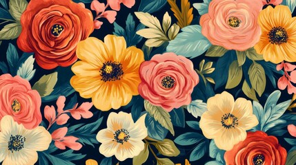 Vibrant floral pattern with red, yellow, pink, and white roses and anemones on a dark background.