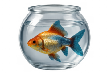 Goldfish with orange and blue scales swimming in a round glass fishbowl full of water, isolated on transparent background