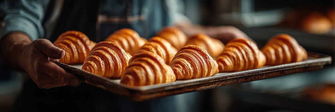 Freshly baked croissants on a wooden tray held by a baker in a warm bakery - Powered by Adobe