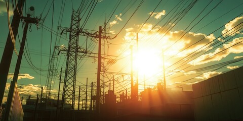 A photograph of an electric substation at sunset, with the sun shining through the power lines and towers.