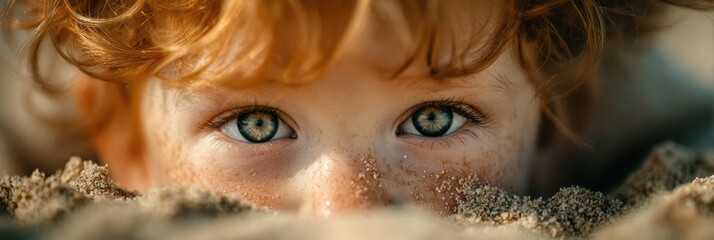 Child with red hair and blue eyes playing joyfully in the sand at a beach on a sunny day