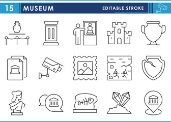 A set of line icons related to Museum. Art, old, castle, vase, images, craving, and so on. Vector editable stroke.
