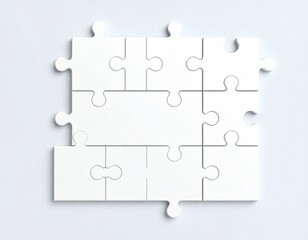 Blank white puzzles game mockup, 3d rendering. Clear jigsaw pieces connected together, design mock up.