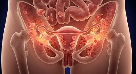 3D Render of Female Pelvis with Ovarian Cancer, Medical Visualization of Ovarian Cancer Tumor Growth Within the Female Reproductive System and Digestive Tract