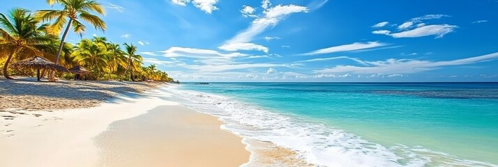 Obraz premium Tropical Beach with Turquoise Waters and Palm Trees Under a Bright Sunny Sky, Ideal Getaway