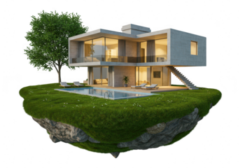 Modern luxury villa with swimming pool on a floating island isolated on transparent background