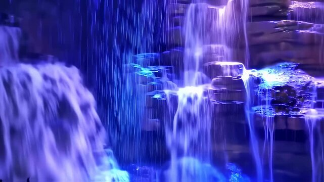 Enchanting Waterfall Display with Colorful Illumination and Gentle Flowing Water