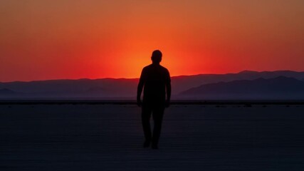 Lone individual strolls towards a reddish sunset, symbolic of new beginnings and contemplation, perfect for book covers or inspirational content.