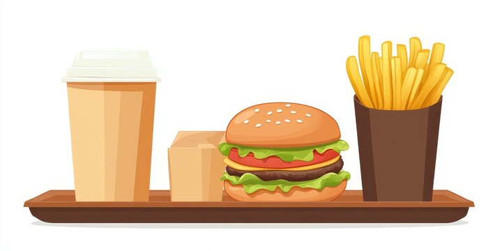 Classic Fast Food Set Meal on Service Tray with Fizzy Drink, Unhealthy Indulgence in Carbs